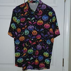 Black bright color pumpkin halloween bat scary party button down shirt Sz L NWT